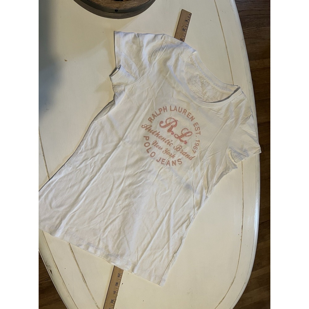 Ralph Lauren Polo Jeans Co Womens Small White Graphic Tee Pink Logo Y2K T Shirt